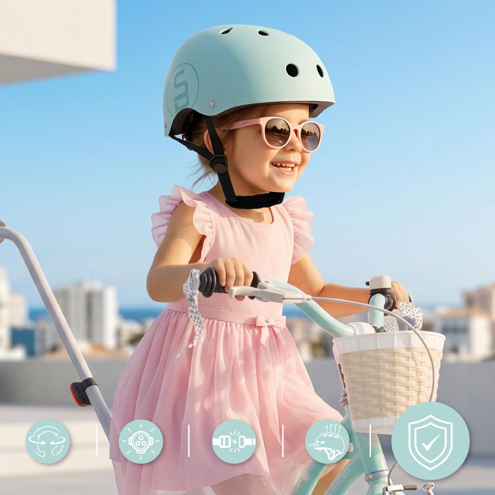 Kind fietst met helm, veiligheidspictogrammen in beeld