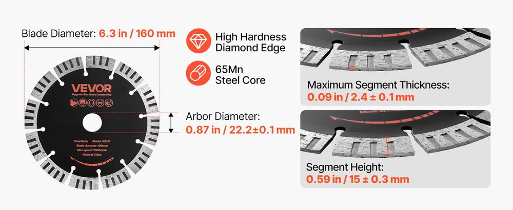 VEVOR 5 Stk. Diamanttrennscheiben 160mm, Diamant-Sägeblätter mit 22,2mm Bohrung & 15mm Segmenthöhe, Max. 7000 U/min Diamantscheiben für Trocken/Nass Schneiden, Trennscheibe für Beton Mauerwerk Stein