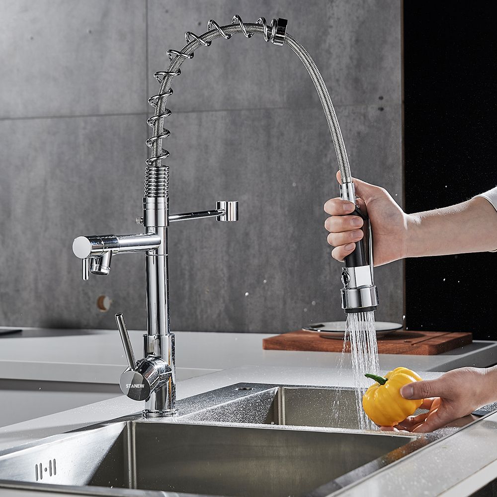 STANEW Wasserhahn Küche, Küchenarmatur, mit 2-Düsen, gebürsteter Messingfederhahn 360° drehbar mit Pull Down Mixer Sprühkopf, mit 2-Ausgängen (Jet und Spray) Sprühkopf Hochdruck, verchromtes Messing