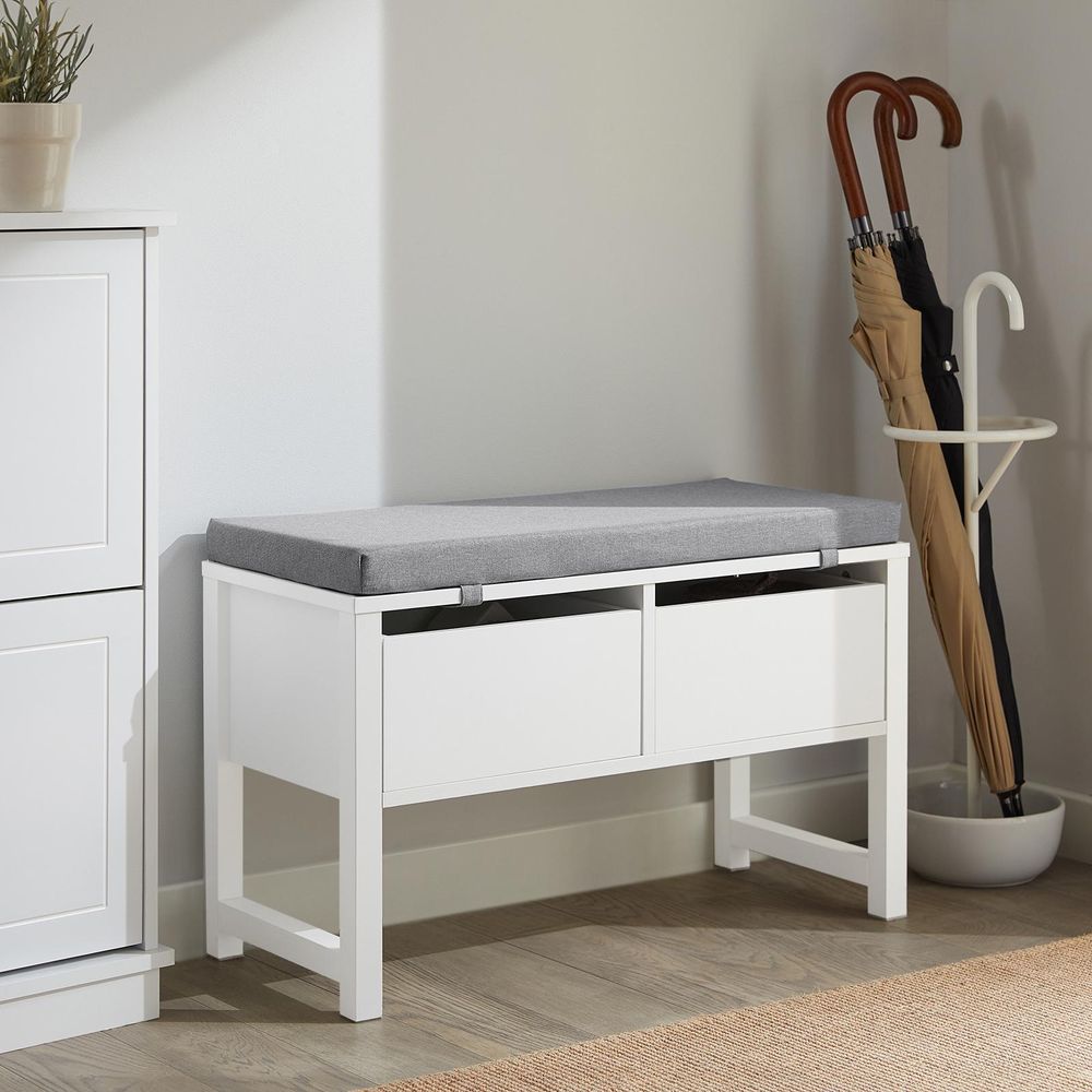 SoBuy FSR88-W Sitzbank mit Stauraum Schuhbank mit 2 Schubladen Bettbank Garderobenbank Belastbarkeit 150 kg Weiß BHT ca.: 72x46x30cm