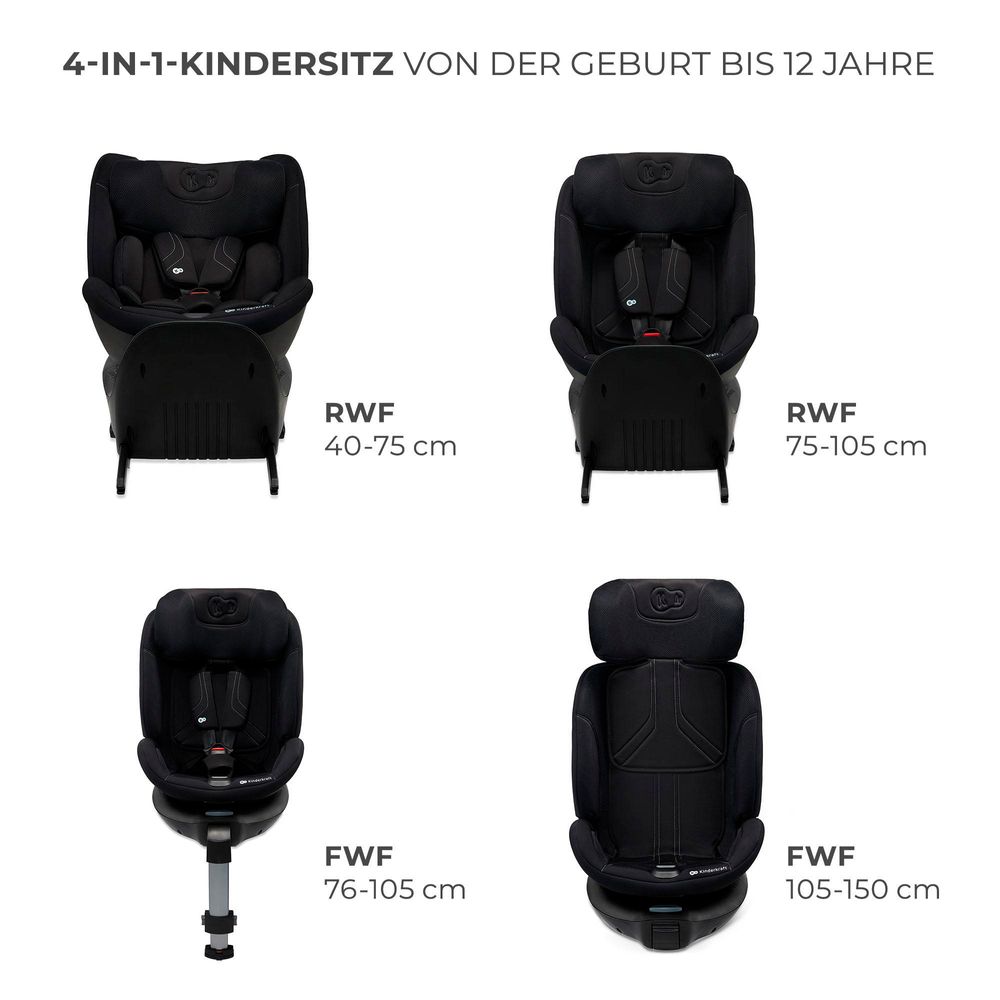 Kinderkraft XRIDER 2 i-Size - Autositz 40-150 cm - RWF bis 21 kg - 360° drehbar - SPS+, H-GUARD+ Systeme - 8 Liegepositionen - Memory-Schaum - Schwarz