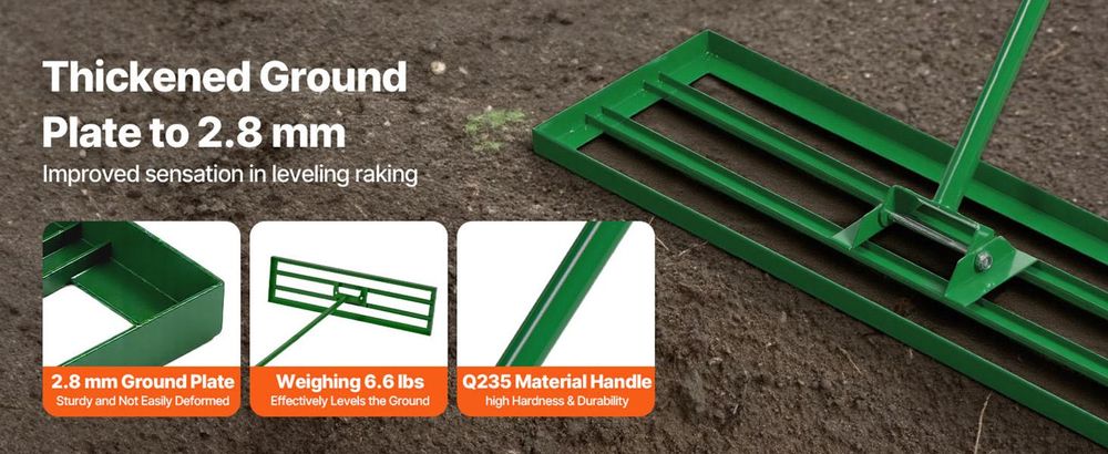 VEVOR Rasenebene-Rake, 30"x10" Rasenwerkzeug, Schwerlast-Rasenebner mit 78" Stahlverlängerungsgriff, Rasenebene-Rake geeignet für Garten, Golfplatz, Bauernhof, Legierung-10x36 Zoll