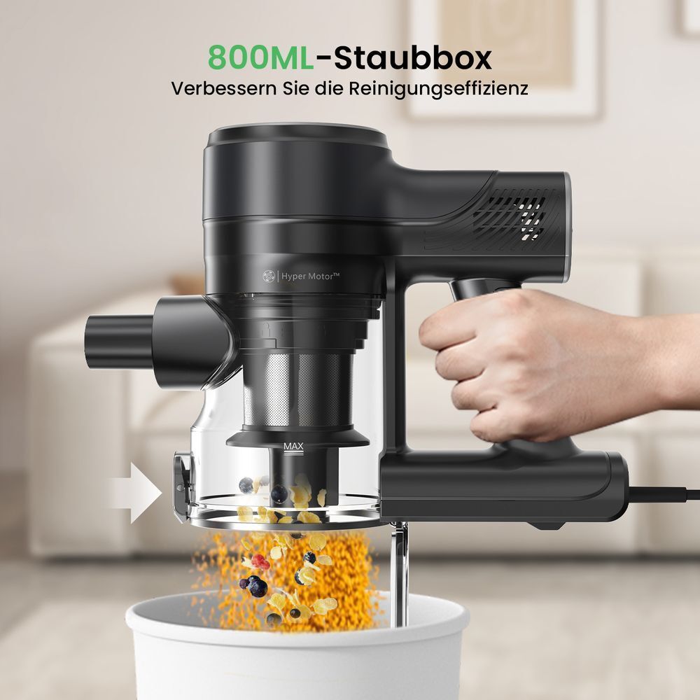 800mL Staubbehälter Stielstaubsauger Ein-Knopf-Entleerung Handstaubsauger für Teppich