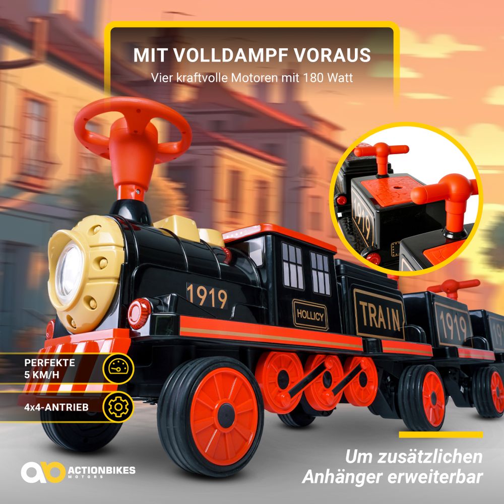 Actionbikes Motors Kinder Elektrozug mit Anhänger | Elektrischer Zug - Eisenbahn - 3-6 Jahre - 3 Sitze - bis 5 km/h - Scheinwerfer - Hupe & Musik(2.0)