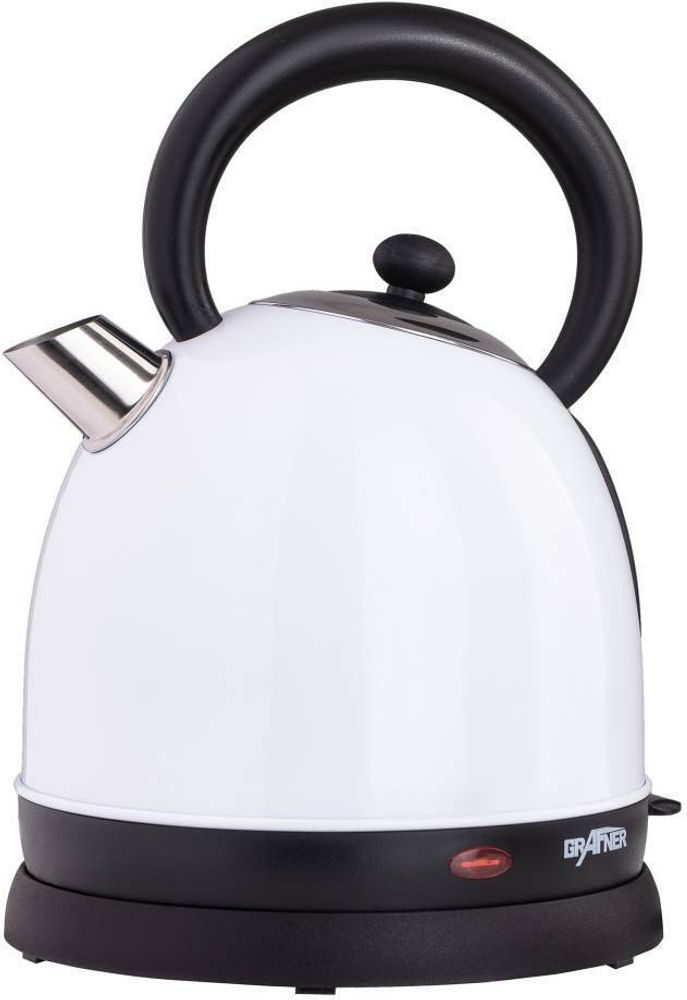 Grafner Retro Wasserkocher 2200 Watt, 1,8 Liter, Edelstahl-Korpus, Wunschfarbe, entnehmbarer Kalkfilter, kabellos, Überhitzungsschutz, BPA-Frei, Cool-Touch, Wasserstandsanzeige (Weiß)