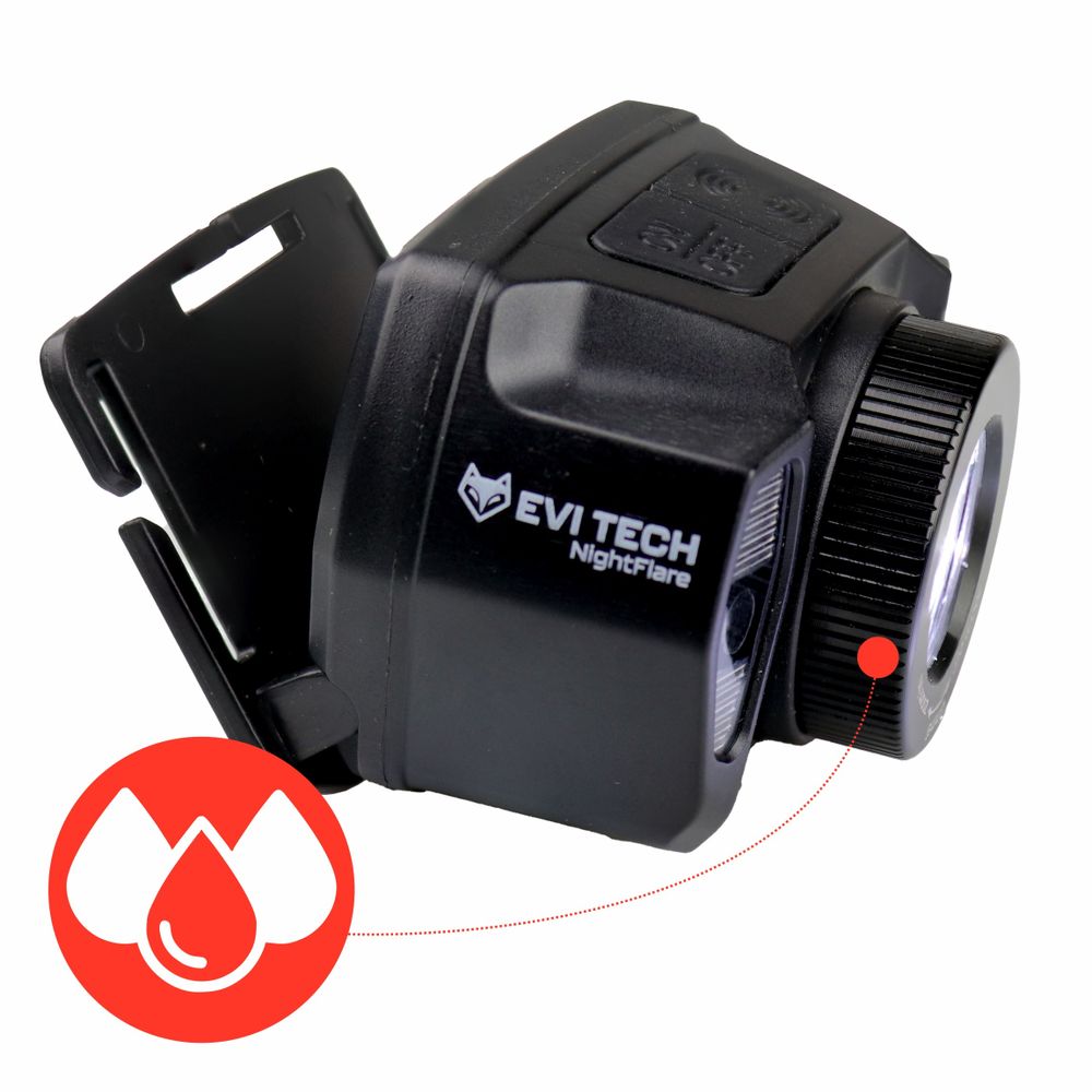 LED čelovka dobíjecí, 360 lm čelovka s ovládáním gesty a zoomem, červené světlo a vodotěsnost IPX4, 1800 mAh baterie, EVI TECH NightFlare