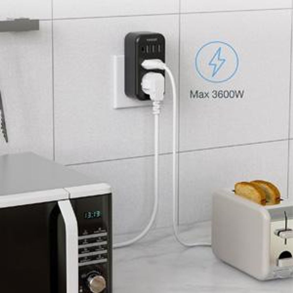 TESSAN Doppelstecker für Steckdose USB C Mehrfachsteckdose Steckdosenadapter 2Fach mit 4 USB Netzstecker 3600W Schwarz