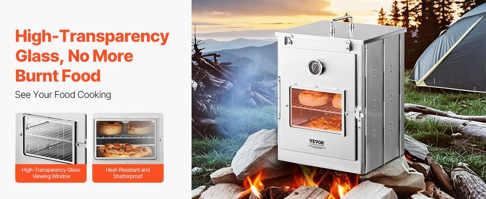 VEVOR Faltbarer Campingofen, tragbarer Campingkocher aus Edelstahl, mit 3-stufigem Grill, Griff und Thermometer, Verwendung mit Holzfeuer, Propanöfen, zum Backen von Brot, Pizza, für das Kochen im Freien, 3 Schichten