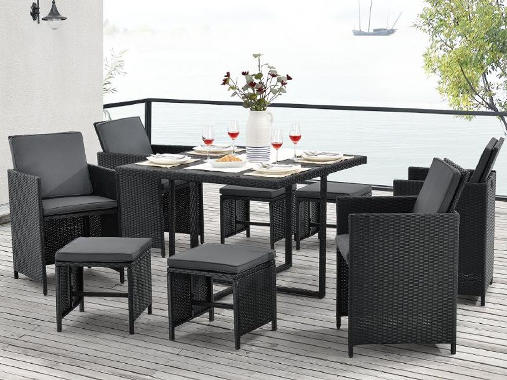 Juskys Polyrattan Sitzgruppe Baracoa L 9-teilig wetterfest & stapelbar – Gartenmöbel Set mit 4 Stühle, 4 Hocker & Tisch für Garten & Terrasse