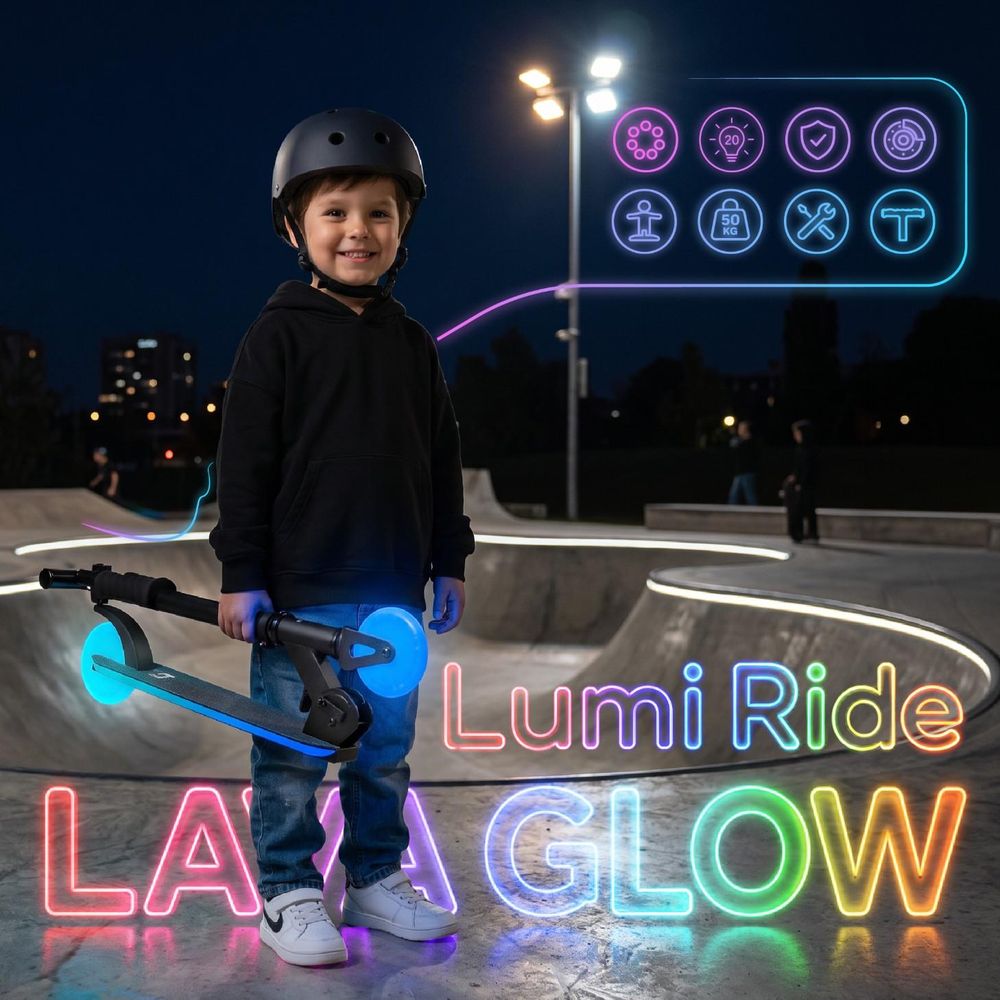 Kind mit zusammengeklapptem Tretroller und buntem Lumi Ride Schriftzug