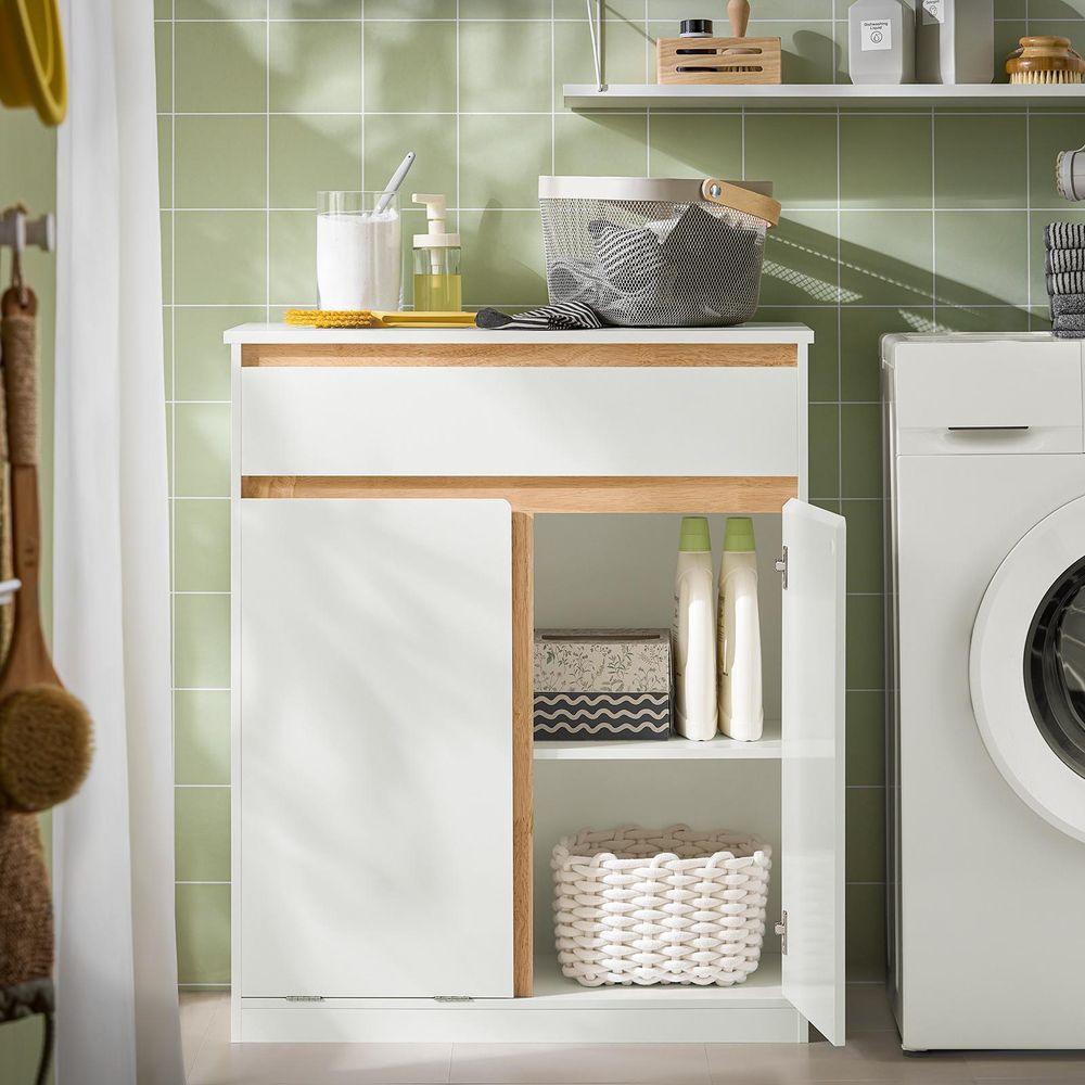 SoBuy Badezimmerschrank mit Wäschekorb und Schublade – Weißer Badschrank mit Tür, Schublade und Kippsystem, Badmöbel für kleines Badezimmer BZR79-W