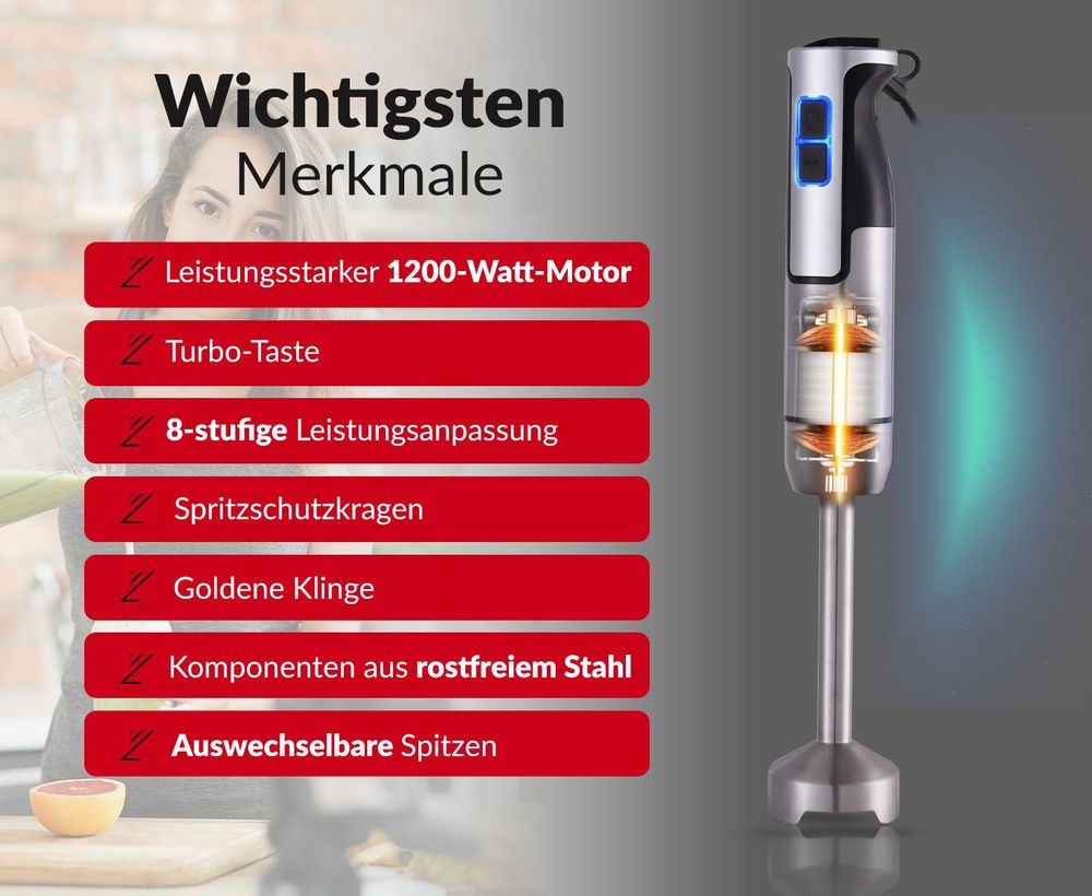 LEHMANN 9in1 Stabmixer Set en Acier Inoxydable, 1200W, Turbofunktion und Geschwindigkeitsregelung
