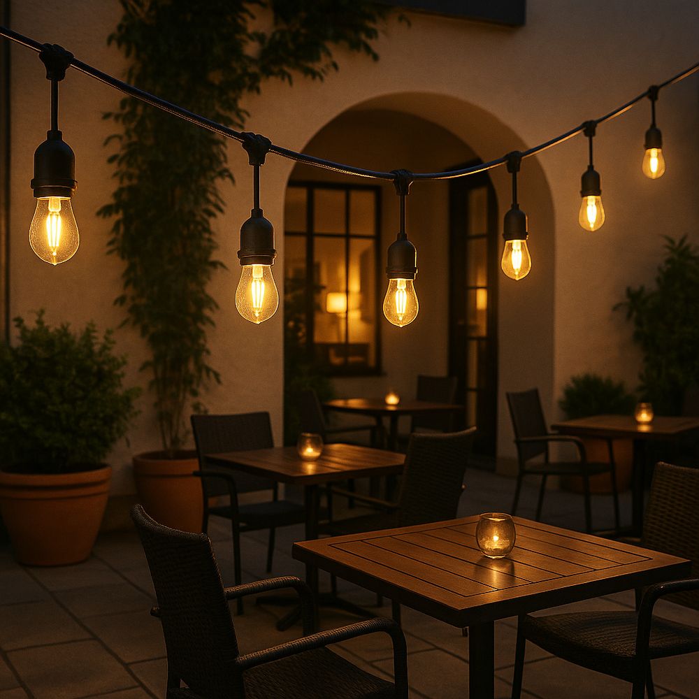 Lichterkette mit Glühbirnen, 360° Lichtverteilung, beleuchtete Café-Terrasse bei Nacht.