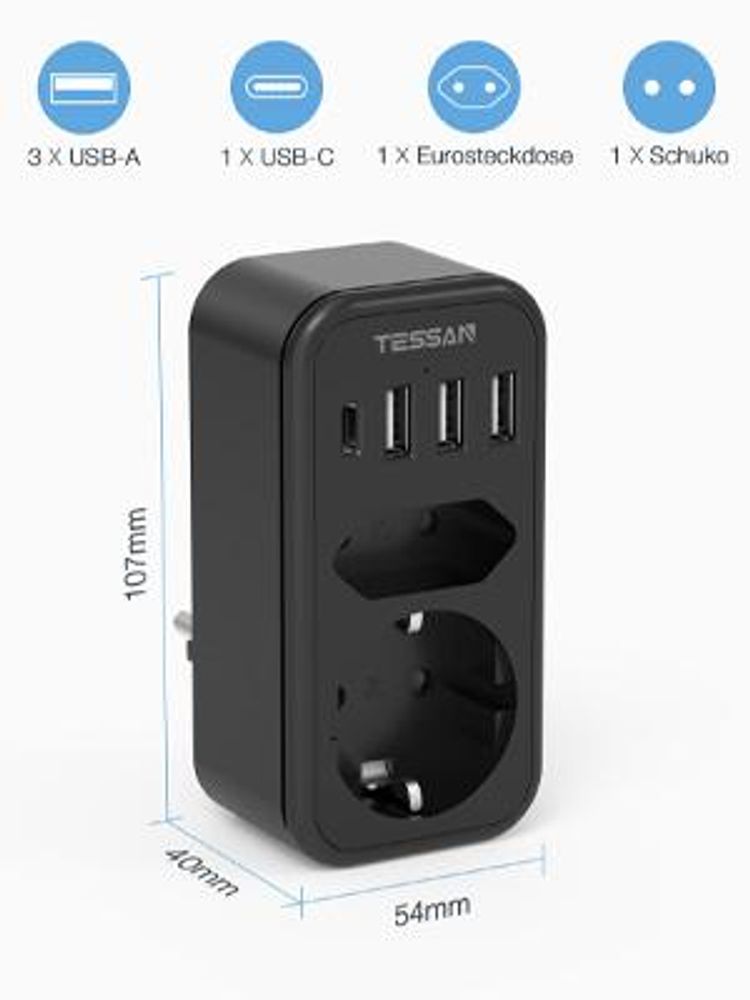 TESSAN Doppelstecker für Steckdose USB C Mehrfachsteckdose Steckdosenadapter 2Fach mit 4 USB Netzstecker 3600W Schwarz
