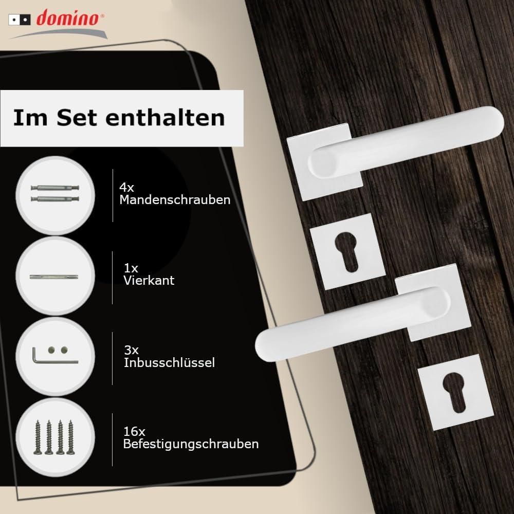DOMINO Türgriff Drückergarnitur PZ - Profilzylinder Set | quadratische Rosette | Türklinke für Zimmertür, Bürotür, Kellertür & Innentür| Türbeschläge aus Aluminium| Weiß Türdrückergarnitur | DENVER-QR SLIM WHITE