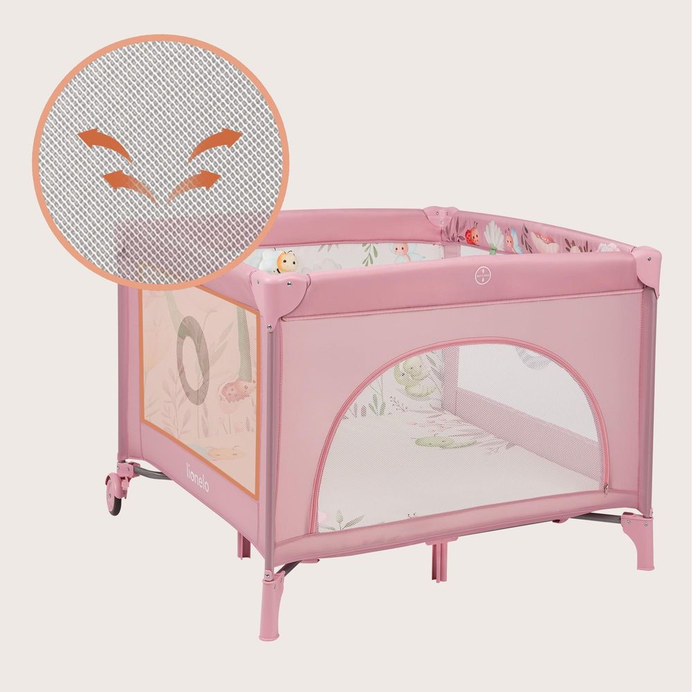 LIONELO Laufgitter Mille Plus bis 15 kg, 6-36 Monate, mit Schaumstoffmatratze, buntem Spielzeugset und praktischer Tragetasche - Rosa