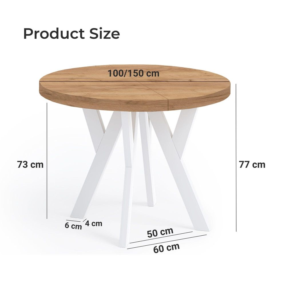 Runder Ausziehbarer Tisch für Esszimmer, PERO, Loft-Stil, Skandinavische, Durchmesser: 100 / 150 cm, Farbe: Eiche Lefkas / Weiß