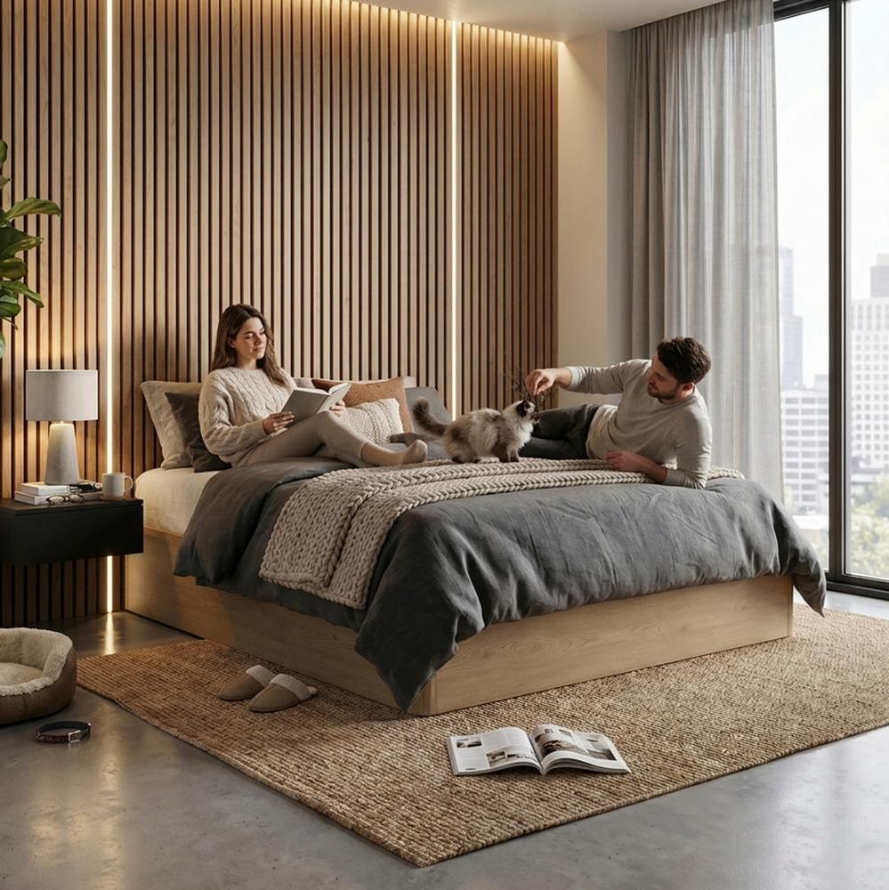 Bett mit matratze, bettkasten, zeitlose design