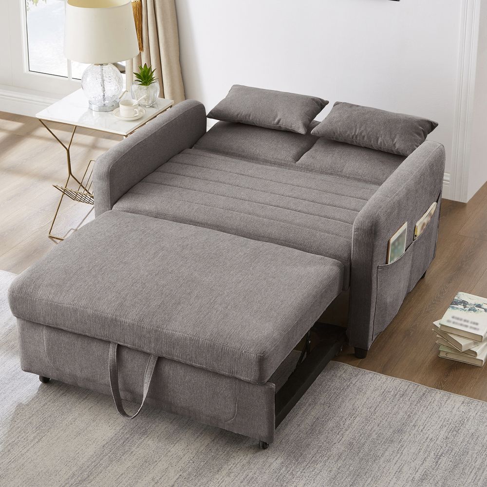 Merax 2-in-1 Ausziehbares Schlafsofa mit dreistufig verstellbarer Rückenlehne, atmungsaktivem Baumwoll-Leinen-Stoff, Zweisitzer mit Bettfunktion, Grau