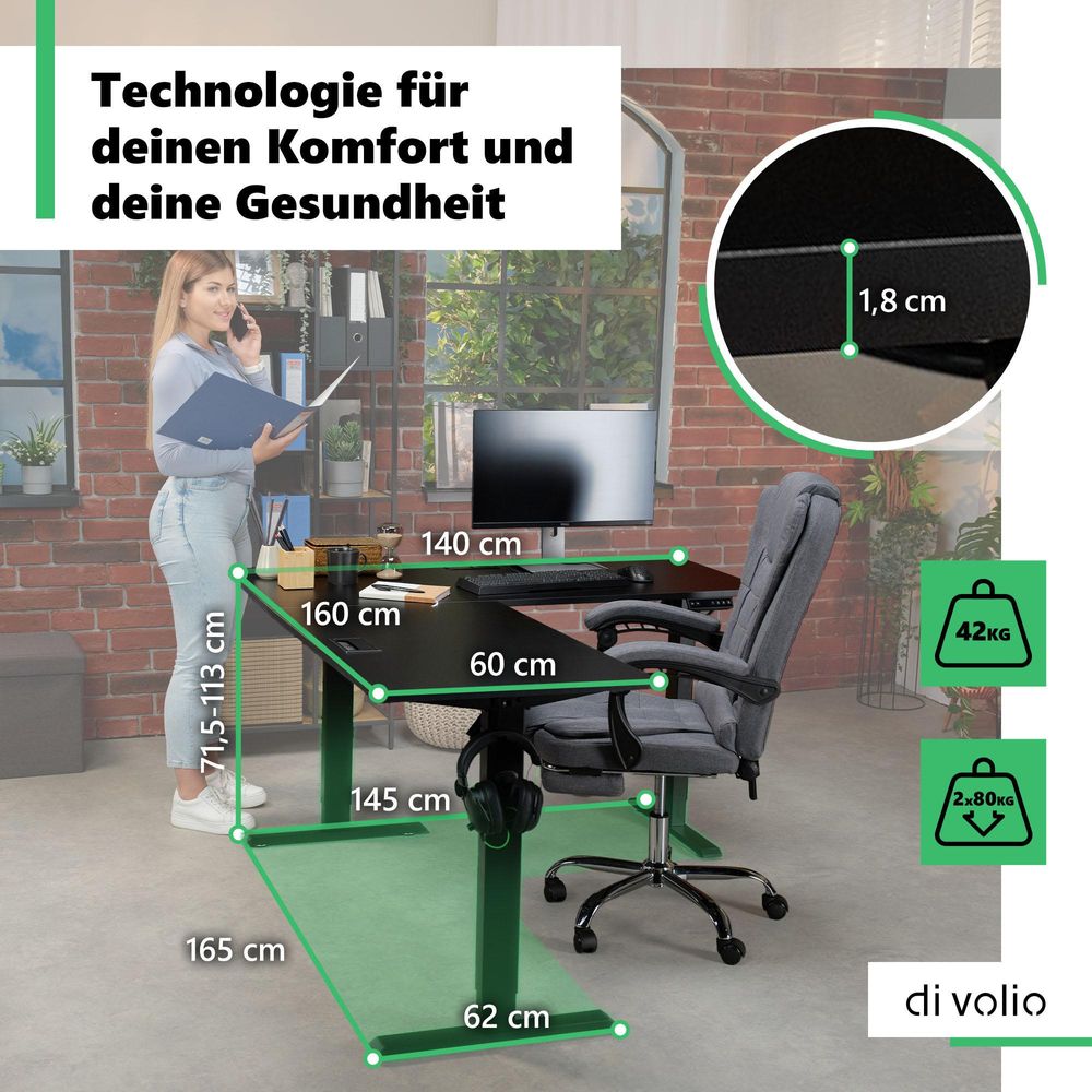 di volio Eckschreibtisch Montaro rechts – elektrisch, höhenverstellbar, schwarz