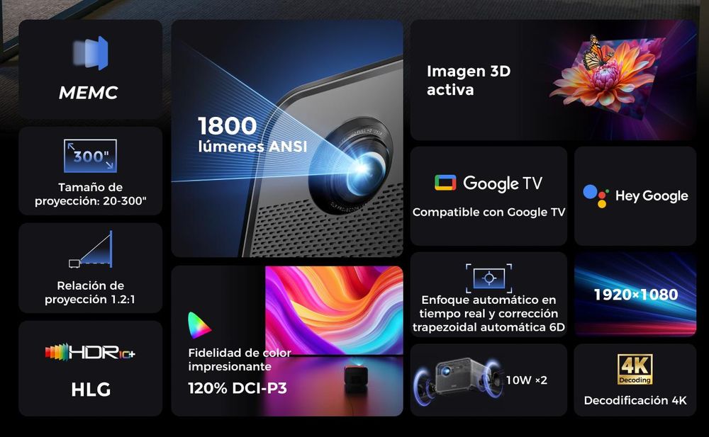 Ultimea Beamer 4K, proyector DLP Poseidon E100, con 1800 lúmenes ANSI y Google TV