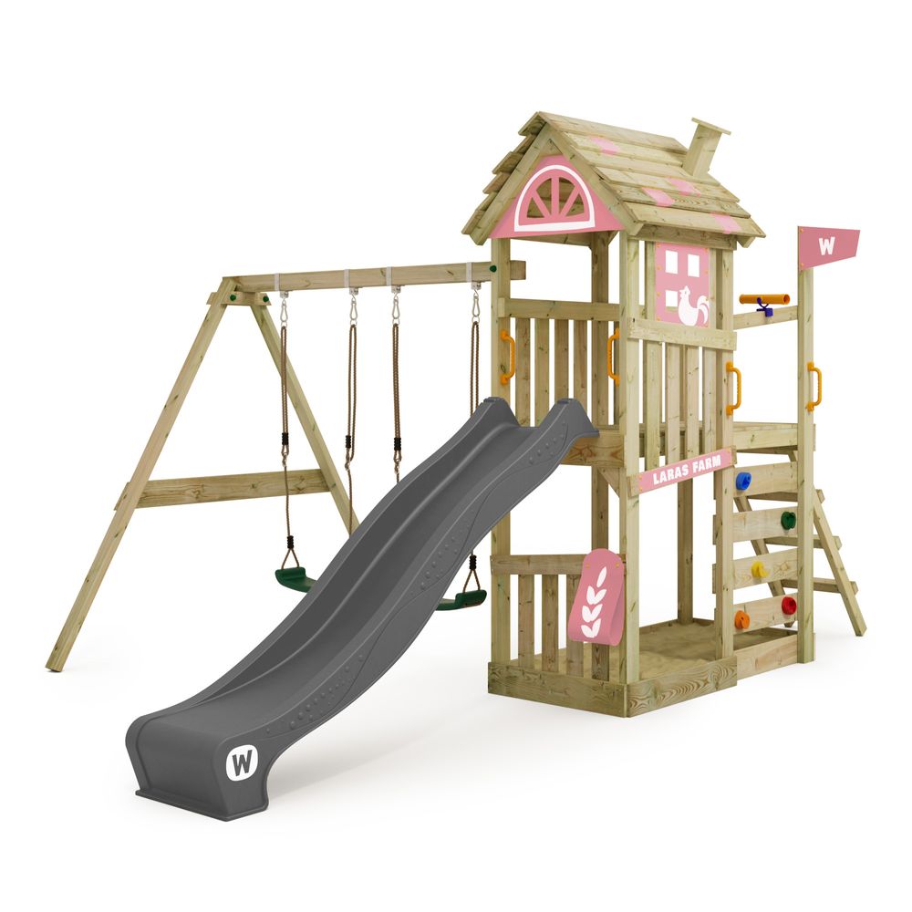 Spielturm Wickey FarmFlyer mit Rutsche im Bauernhofdesign in Hellrosa