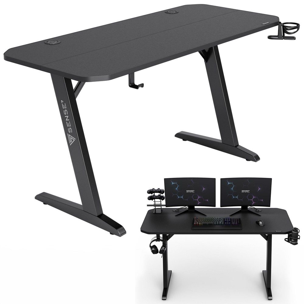 SENSE7 Nomad Basic – stół do gier, biurko 140 x 60 cm, stół komputerowy, stół do komputera, biurko dla graczy, wykończenie w stylu karbonowym, uchwyt na słuchawki, uchwyt na napoje, system zarządzania kablami