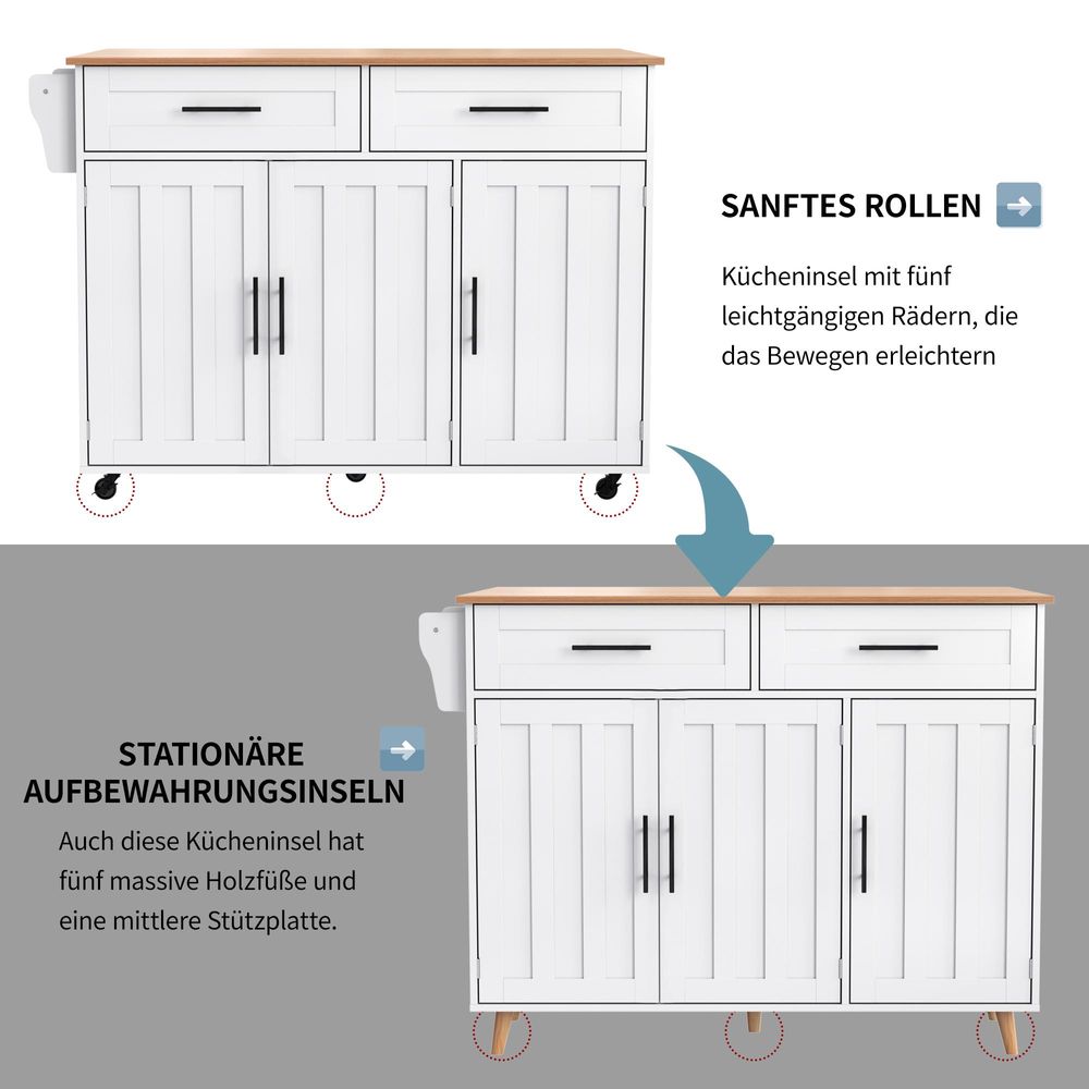 Flieks Servierwagen Kücheninselwagen mit Erweiterbarer Arbeitsplatte, Küchentrolley Speisewagen mit Schubladen, Kücheninsel 129x46-71x91.5cm, Weiß