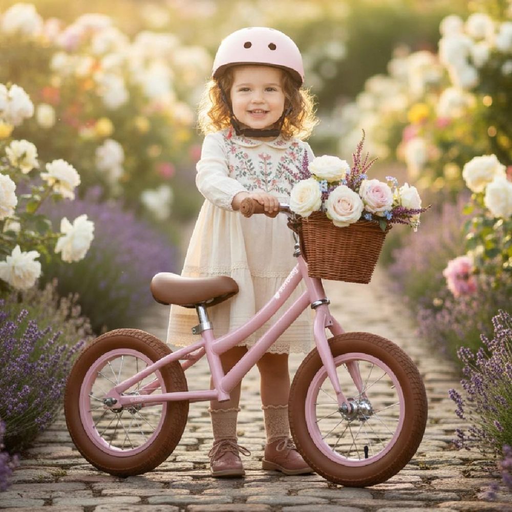 Meisje met roze loopfiets en bloemenmandje in een tuin