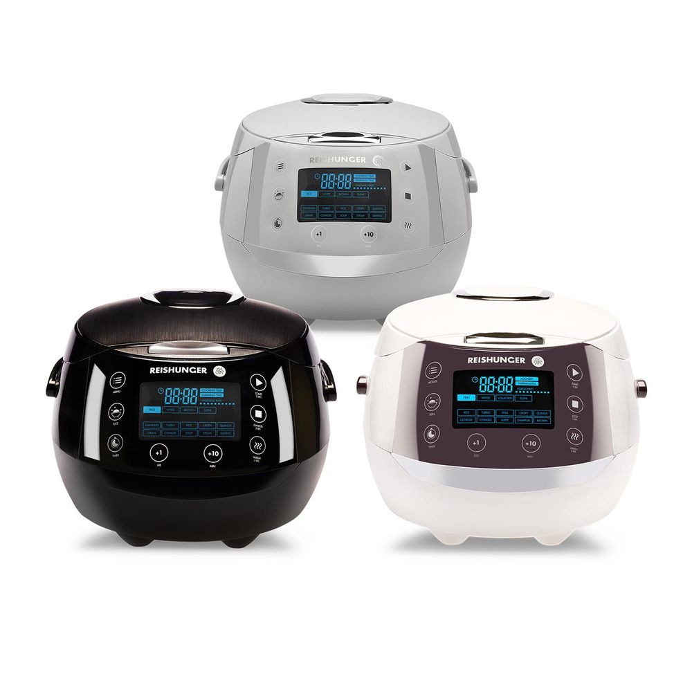 Reishunger Digitaler Reiskocher, Grau (860W/1,5l) für bis zu 8 Personen, Multikocher mit 12 Programmen, Timer- und Warmhaltefunktion inkl. Reishunger Reiskocher Kochbuch