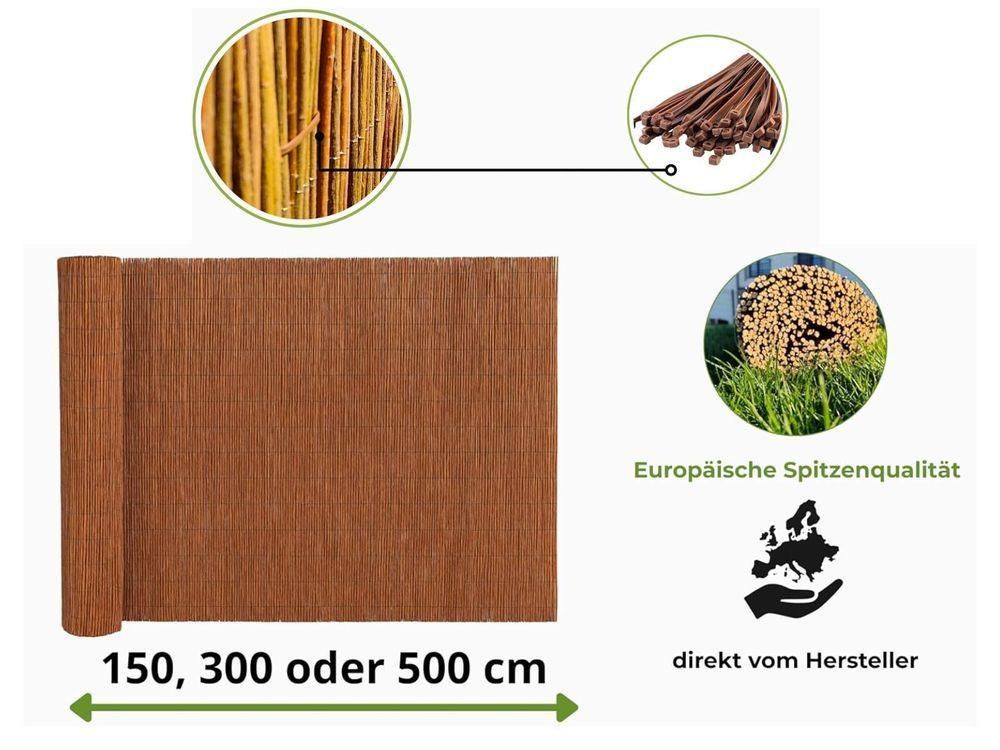 Weidenmatte 160 x 500 cm - Balkon Sichtschutz - Zaun Garten aus Holz - Sichtschutz Garten - Windschutz & Sonnenschutz - Schattenspender - 100% Natural