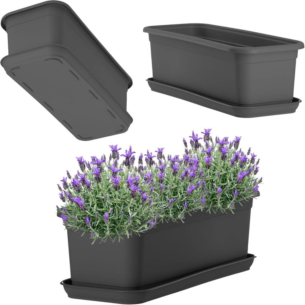 KADAX Blumenkasten mit Untersetzer "Evron", aus Kunststoff, Blumentopf für Balkon, Terrasse, Fensterbank, 40 cm, Anthrazit