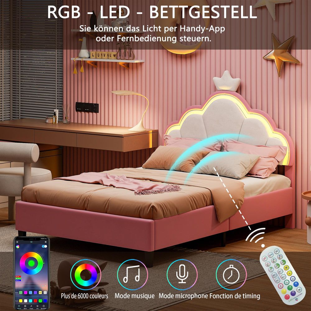 INONEFT Kinderbett 140x200 cm, Prinzessin-Polsterbett mit LED Beleuchtung, Mädchen Jugendbett mit verstellbarem Kopfteil, Kronen-Design, Samt Rosa