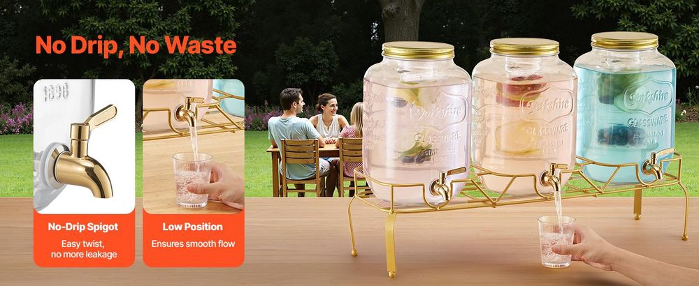 VEVOR Getränkespender (3 x 8 L) für Partys Saftspender (aus Glas) mit tropfsicherem Zapfhahn & Metallständer Wasserspender für Restaurants Partys, Limonade Eistee selbstgemachte Getränke Spender