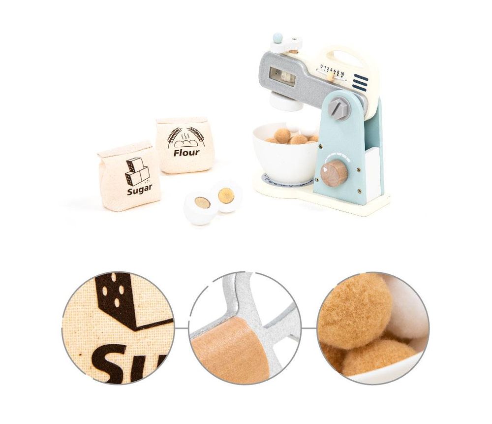 Holz-Mixer mit Stoffbeuteln, austauschbaren Rühraufsätzen und Plüschteig