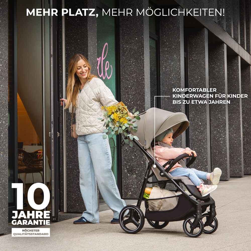 Kinderkraft TRIG 3 - Großer Kinderwagen bis 25 kg - Einhändig faltbar - Verstellbare Rückenlehne - Wasserdichtes Verdeck - Große EVA-Räder - Grau