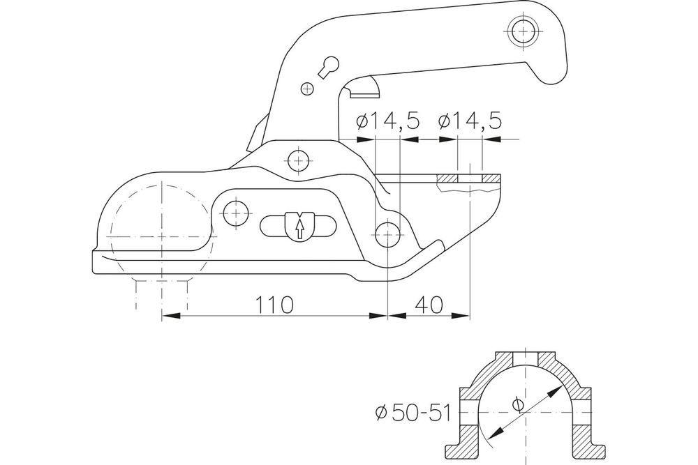 Guľový záves WINTERHOFF WW30-D3-K1414 pre 3000 kg príves s 50 mm rúrkovým ojom, liatina