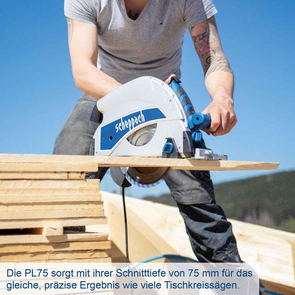 Das Bild zeigt eine Person bei der Arbeit mit der Tauchsäge von Scheppach.