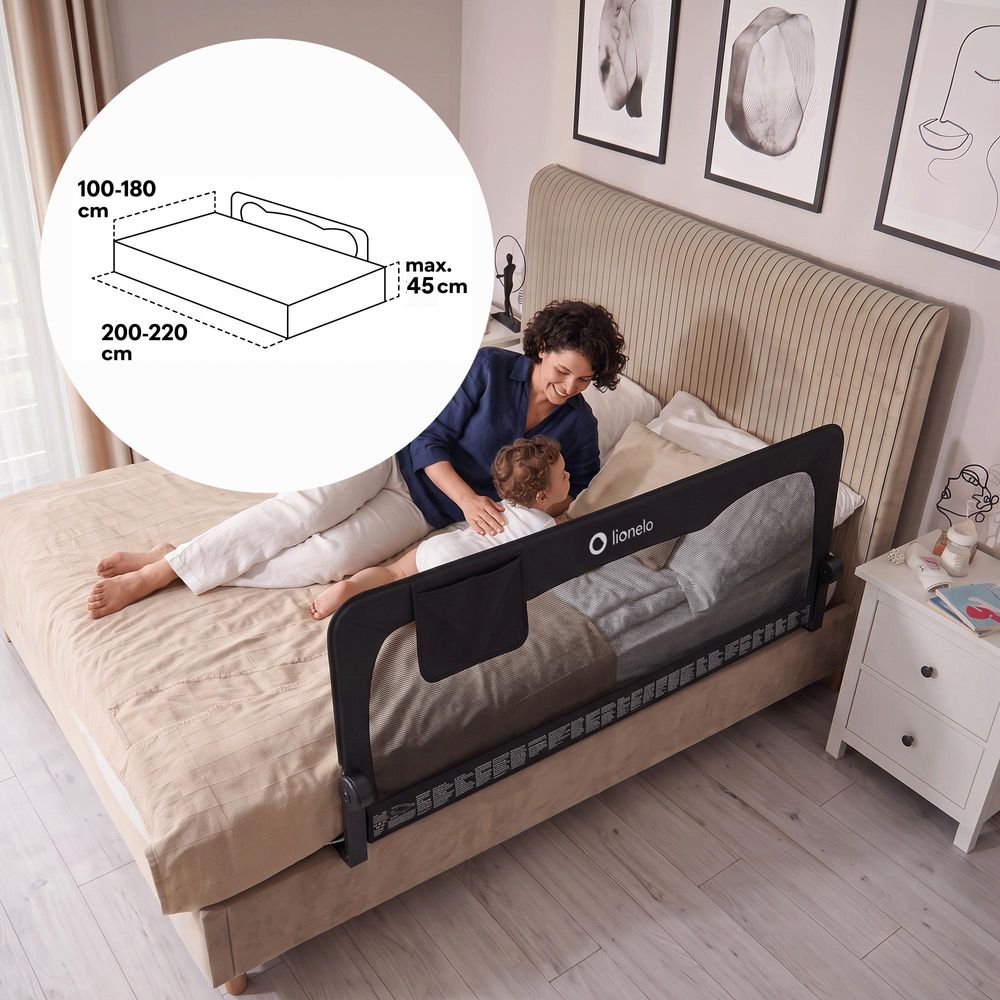 LIONELO Hanna Bettgitter Rausfallschutz 150 cm x 66 cm, zusammenklappbar um 180 Grad, luftiges Netz, einfache Montage, Standsafe-Blockade, SecureBelt, stabile Konstruktion