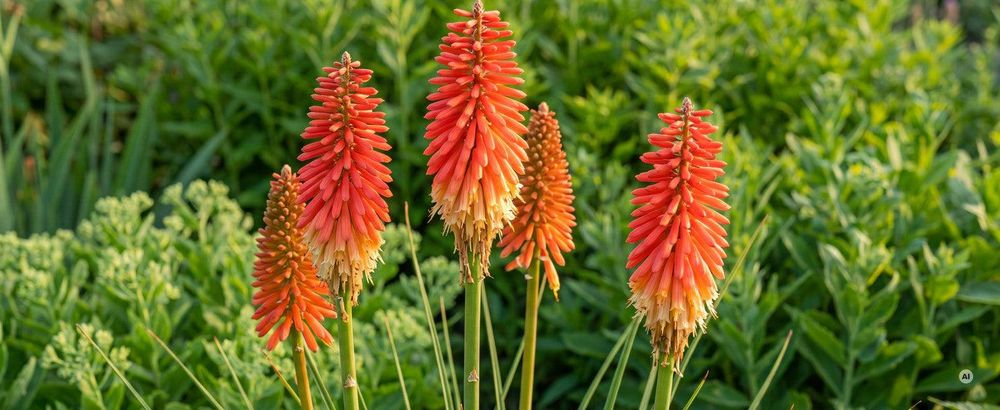 Blütenkerzen der Kniphofia 'Papaya Popsicle' in Orangerot mit gelbem Fuß