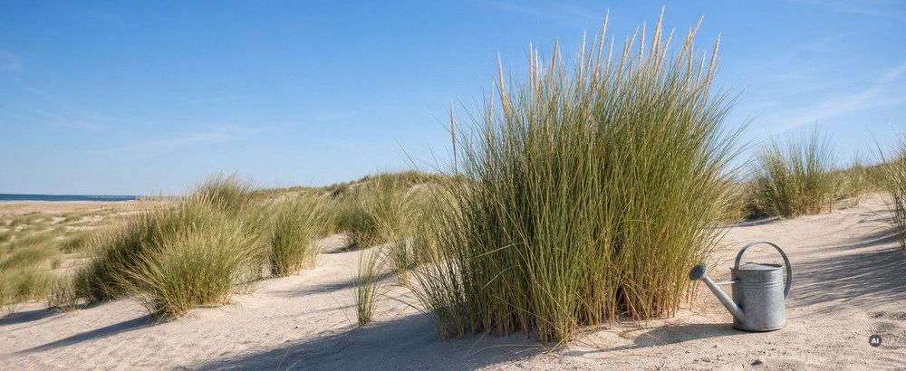 Vitale Horste in praller Sonne auf trockenem Sand, unbenutzte Gießkanne