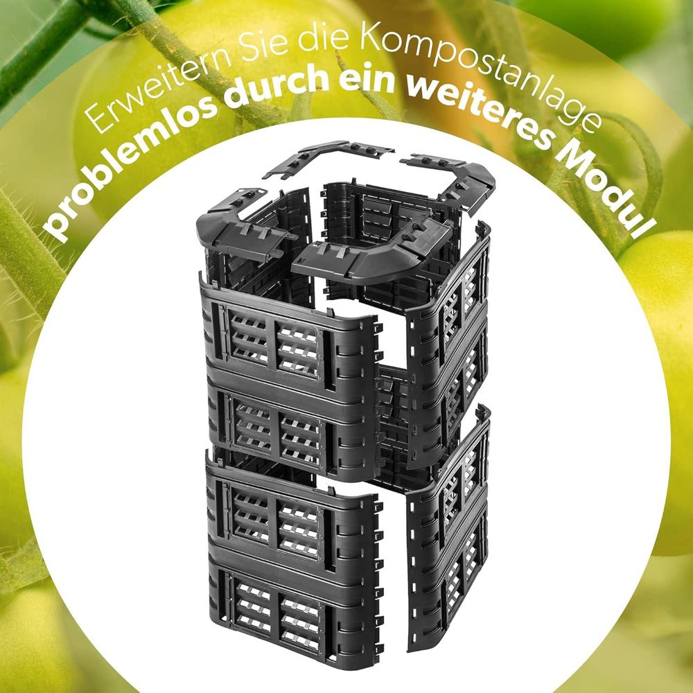KADAX Modul-Kompostanlage, Schnellkomposter aus Kunststoff, Komposter mit Druckknöpfen, schwarzer Thermokomposter mit klappbarem Deckel (1260L)