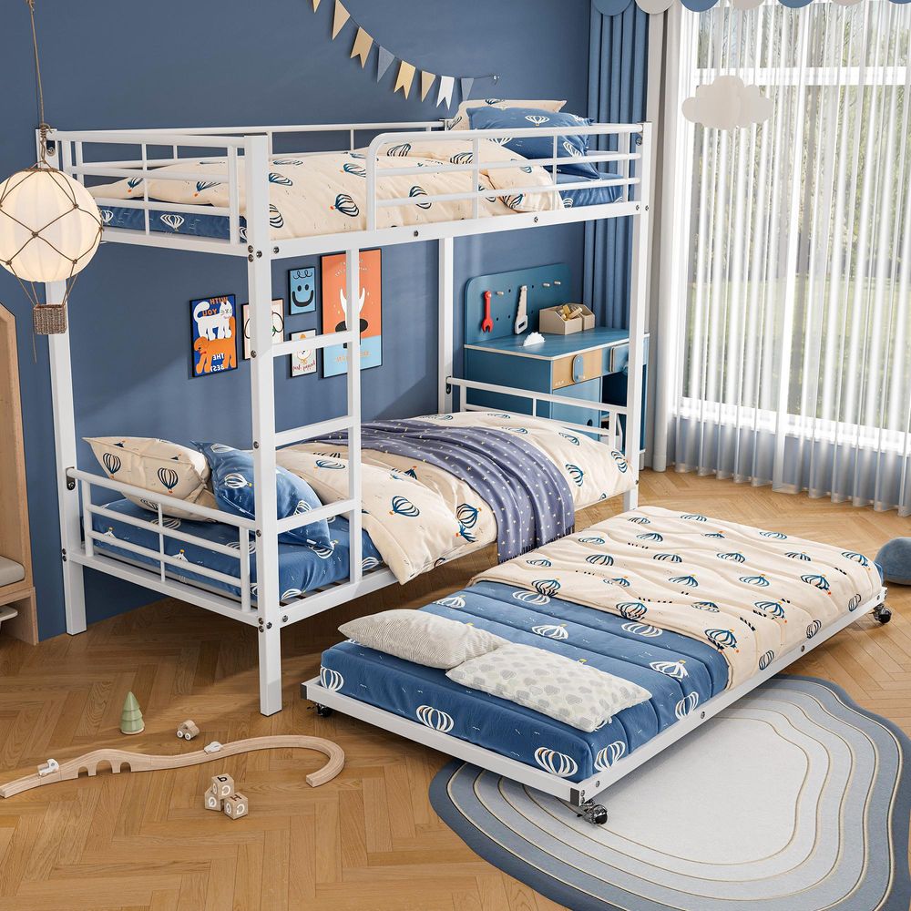 Merax Etagenbett 90x200 cm mit Ausziehbett 90x190 cm, Jugendbett aus Eisen mit 4 Schutzgittern, EN747-, für Kinder & Jugendliche, Weiß