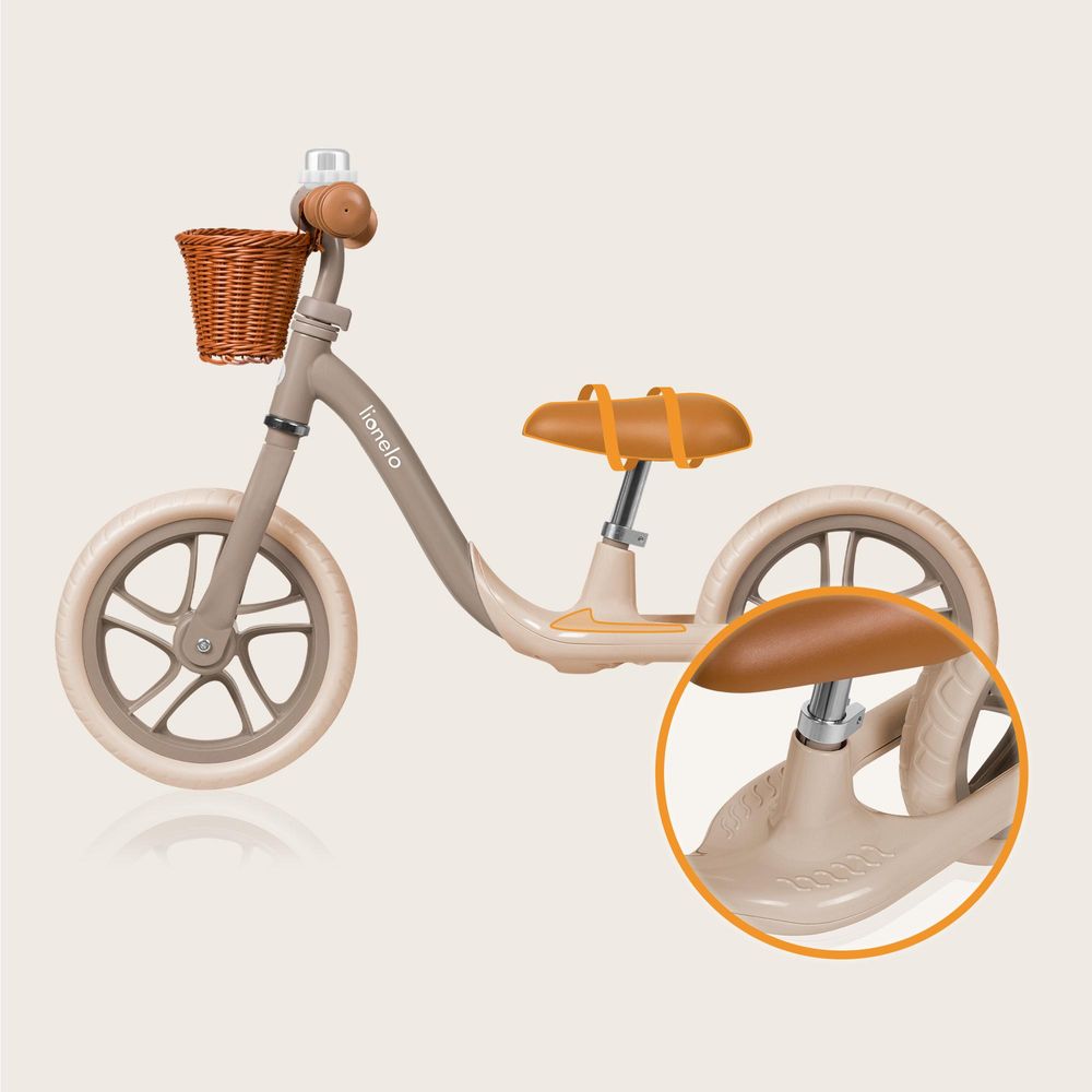 Lionelo Alex Plus Laufrad Kinder Fahrrad bis 30 kg Sattel und Lenker einstellbar 12 Zoll Eva Schaumräder Korb und Glocke Beige