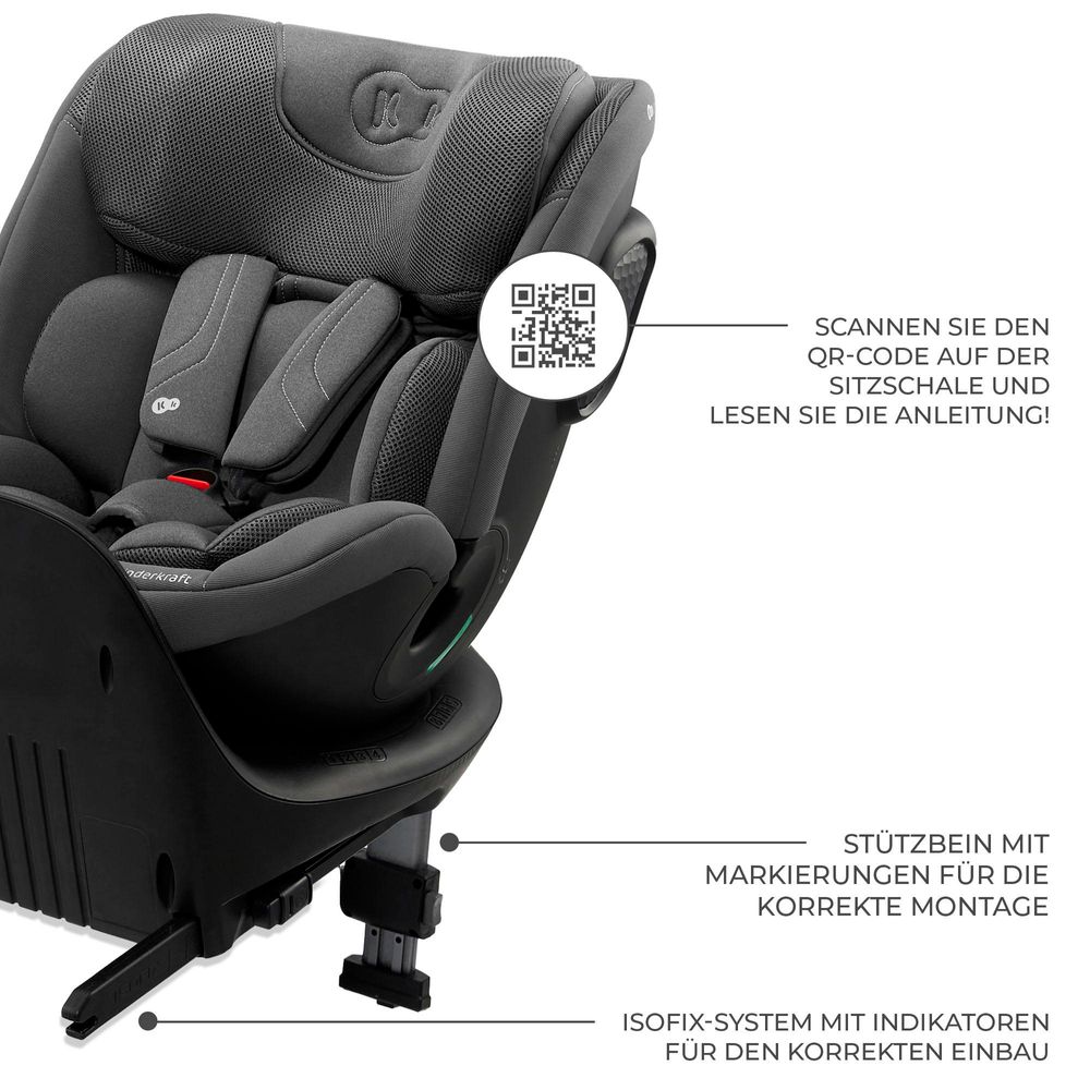 Kinderkraft XRIDER 2 i-Size - Autositz 40-150 cm - RWF bis 21 kg - 360° drehbar - SPS+, H-GUARD+ Systeme - 8 Liegepositionen - Memory-Schaum - Grau