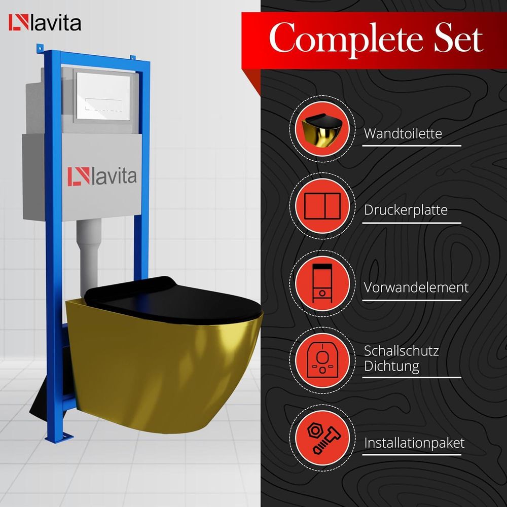 Lavita LAV 101 Vorwandelement für WC 40cm + Wand Hänge Tiefspül WC SINTO Schwarz Spülrandlos + Bedienplatte LAV 200.4.4 Schwarz | Komplettset | Unterputz Spülkasten | Toilette Komplett Sett