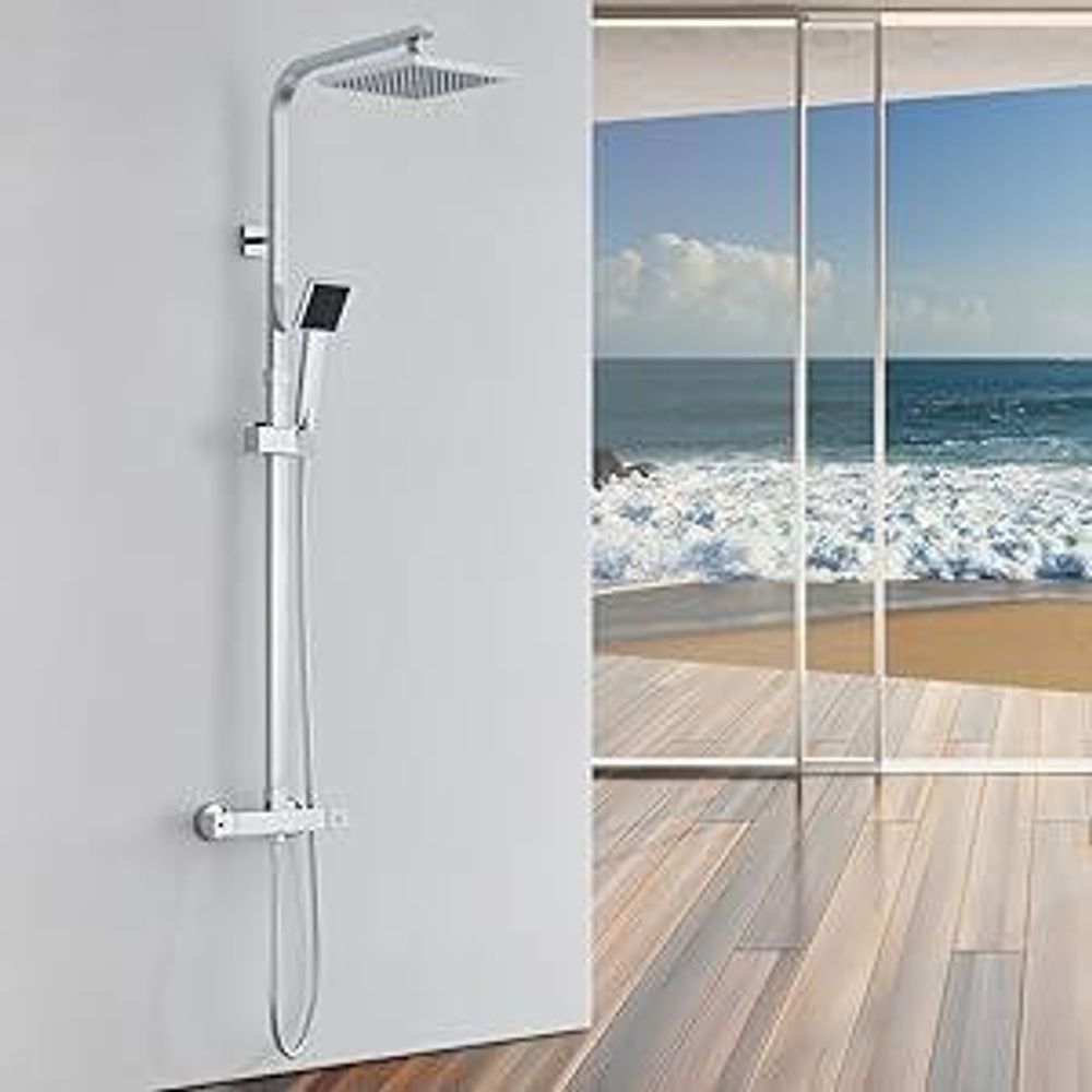 Auralum Duschsystem mit Thermostat Duscharmatur Eckig Duschpaneel,mit Regendusche und Handbrause, Anti-Verbrühungs-Duschsystem Duschstange