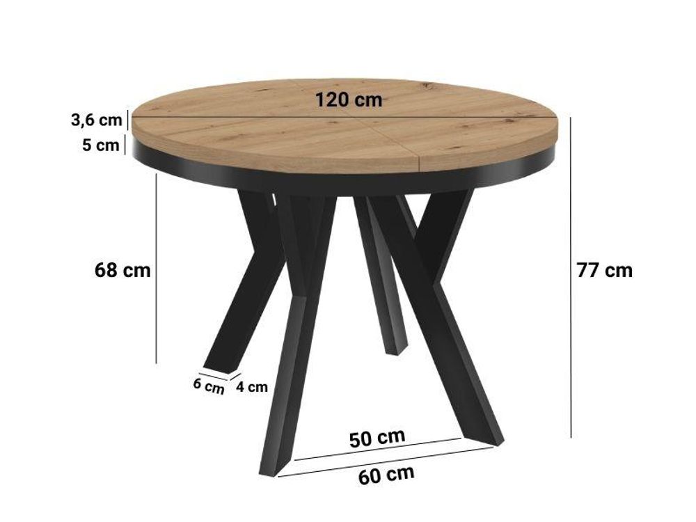 Runder Ausziehbarer Tisch für Esszimmer, PERO mit einem Ring-Gestell, Loft-Stil, Durchmesser: 120 / 220 cm, Farbe: Eiche Wotan / Schwarz