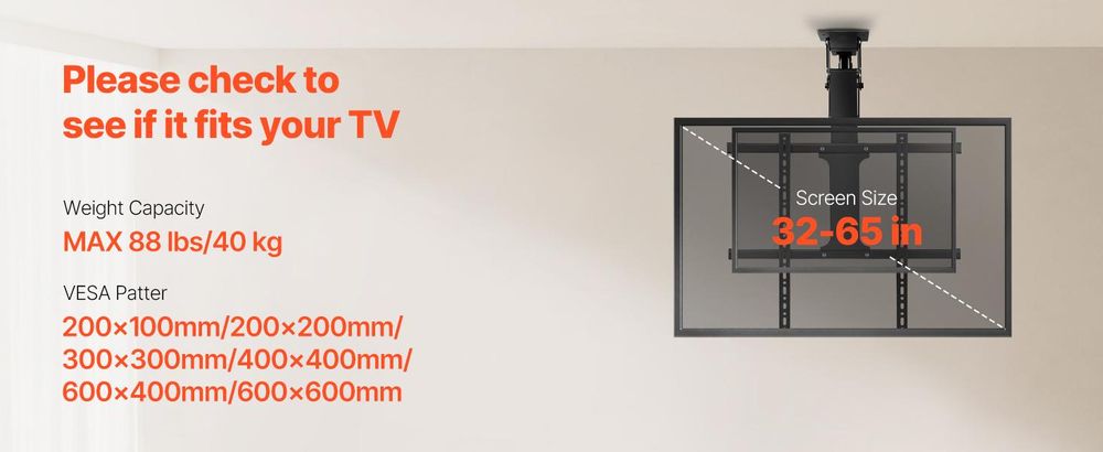 VEVOR Motorisierte Decken-TV-Halterung, TV-Wandhalterung für 32 bis 55 Zoll Fernseher, Elektrisch verstellbare Decken-TV-Halterung, Motorisierte Klapp-TV-Halterung mit maximalem VESA 24 x 16 Zoll, geeignet für Fernseher bis zu 120 lbs, Decken Typ-a, 40 kg