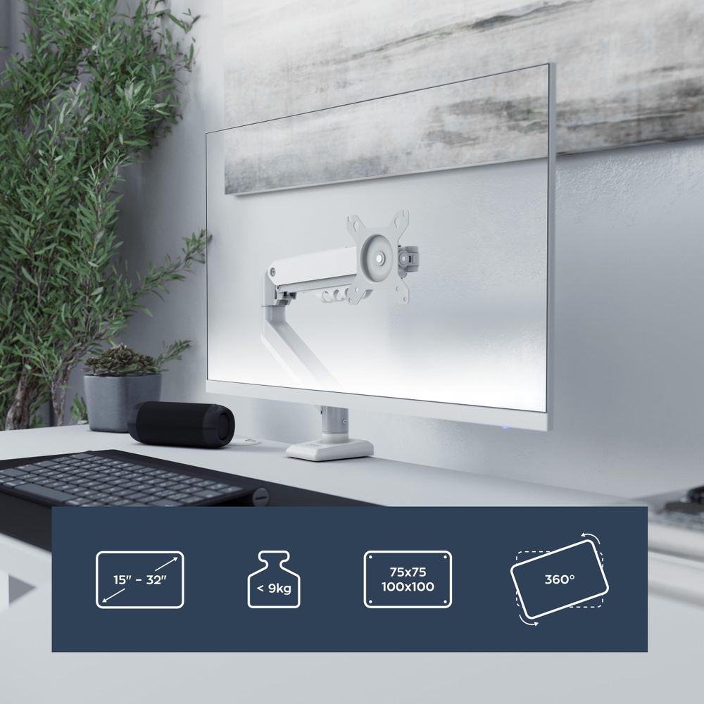 Mark Adler Flow 2.0 Monitorhalterung – Gasfederarm, 360° Drehung, VESA 75x75/100x100, bis 9 kg, für 15"-32", Aluminium, ohne Bohren montierbar